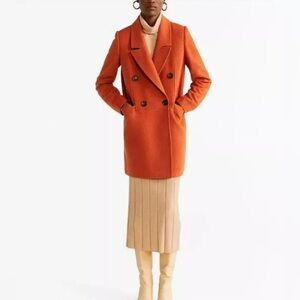 Mango Coat Women’s XS Constructed Orange Double Button Double Breasted Peacoat